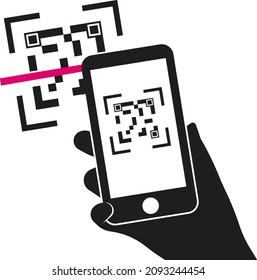 Scan the QR code on your smartphone. Barcode in a mobile phone. A person holds a smartphone in his hand and scans a QR code. Vector image isolated on a white background.