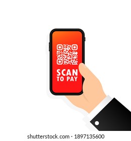 Scan QR code to pay with Mobile phone. Smartphone scanning QR-code. Barcode Verification. Scanning tag, generate digital pay without money. Scanning barcode with telephone. vector