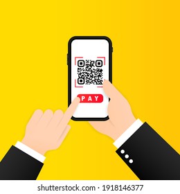 Scan QR code to pay with Mobile phone. Smartphone scanning QR-code. Barcode Verification. Scanning tag, generate digital pay without money. Scanning barcode with telephone. Vector