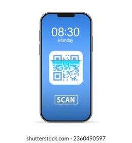Scan Qr code and pay with mobile phone. Mobile scan QR code pay bill on top of invoice on blue background. Convenient and fast mobile bill payment concept online transactions. Vector illustration