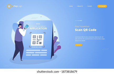 Scan QR code payment illustration, Easy payment transaction with scan QR Code on landing page concept