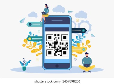 Scan QR code. People scan the qr-code for payment through a smartphone. Colorful vector illustration. Metaphor