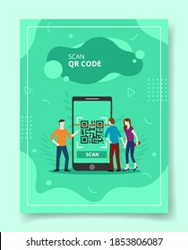 Scan Qr Code People Standing Front Giant Smartphone For Template Of Banners, Flyer, Books Cover, Magazines With Liquid Shape Style