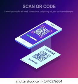 Scan QR code to phone. 3d isometric smartphone, mobile barcode reader, scanner with pay receipt. Electronic digital payment with smartphone. Vector design for website