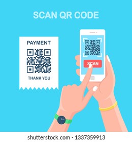 Scan QR code to phone. Mobile barcode reader, scanner in hand with pay receipt. Electronic digital payment with smartphone. Vector flat design