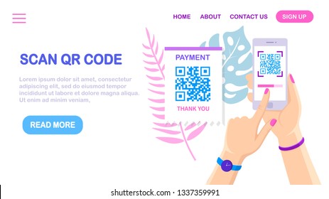 Scan QR code to phone. Mobile barcode reader, scanner in hand with pay receipt. Electronic digital payment with smartphone. Vector flat design