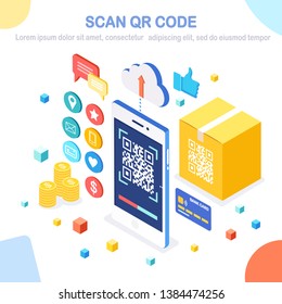 Scan QR code to phone. Mobile barcode reader, scanner with cardboard carton box, cloud, credit bank card, money. Electronic digital payment with smartphone. 3d isometric device. Vector flat design