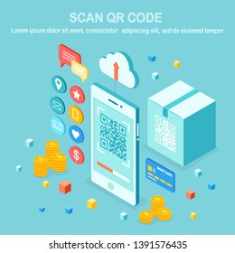 Scan QR code to phone. Mobile barcode reader, scanner with cardboard carton box, cloud, credit bank card, money. Electronic digital payment with smartphone. 3d isometric device. Vector flat design