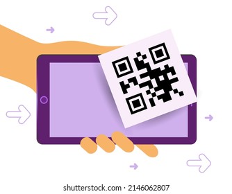 Analice el código QR con el teléfono. smartphone en mano.  la gente usa smartphone y escanea código qr para el pago. puede usarse para aplicaciones móviles o banner. Ilustración vectorial.