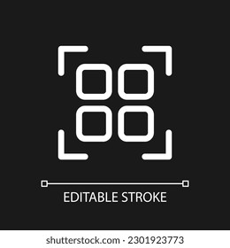 Scan qr code pixel perfect white linear ui icon for dark theme. Decode digital information. Vector line pictogram. Isolated user interface symbol for night mode. Editable stroke. Arial font used