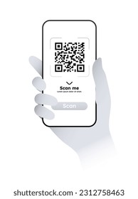 Scan QR code. Short link, electronic marketing and commerce. Internet payments and transactions, online transfers. Poster or banner. Isometric vector illustration isolated on white background