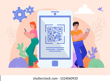 Scan QR code with smartphone concept. Man and woman stand near big phone. Poster for social media, web page, banner, presentation. Flat design vector illustration