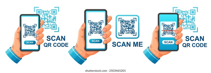 Scan QR code with smartphone hold in hand, barcode scanner mobile phone app for online payment icon. Internet bar coding reader on telephone device screen, digital scanning for shopping pay. Vector