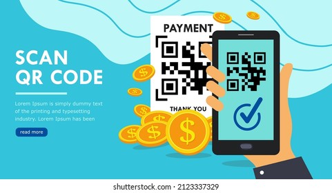 Scan QR code with smartphone. landing page with money and phone in hand.  QR code for mobile application, payment or travel check covid-19. Vector illustration. 