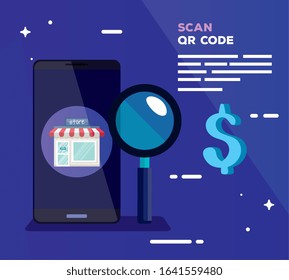 scan qr code with smartphone and magnifying glass vector illustration design