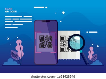 Scan-Qr-Code mit Smartphone und Lupe-Vektorillustration-Design