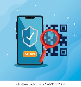 scan qr code with smartphone and magnifying glass vector illustration design