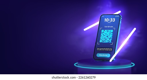 Escanear código QR en smartphone por pago. Concepto siguiendo un enlace. Teléfono móvil 3D con código QR de verificación. Analizar el código de barras. Smartphone en escenario futurista, podio con lámpara de neón. Bandera de vectores