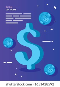 scan qr code with symbol dollar and coins vector illustration design