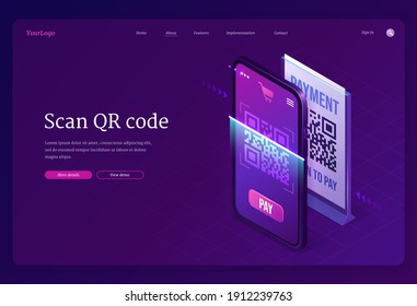 Scan Qr code verification service isometric landing page, machine-readable barcode on smartphone screen. Mobile app for internet business, information, cashless online payment 3d vector web banner