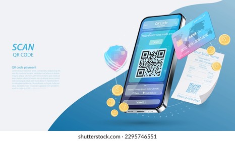 Scan Qr code verification service page, machine-readable barcode on smartphone screen. Mobile app for internet business, information, online payment 3d vector web banner