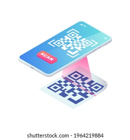 Scan QR code via smartphone. 3d Mobile Scanning barcode concept, QR Verification isometric vector. Quick response code payment, Digital data exchange, Online contactless QR code menu.