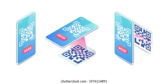 Scan QR code via smartphone set. 3d Mobile Scanning barcode concept, QR Verification isometric vector. Quick response code payment, Online contactless QR code digital menu.