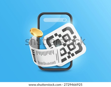 Scan QR code with your mobile phone to pay for online purchases and receipt or invoice will come out, vector 3d illustration isolated on blue background for online shopping, financial concept design