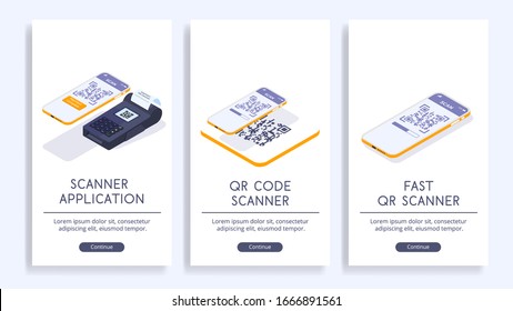 Scan qr codes and use barcode reader applications. Vector posters with isometric illustrations. Web site concept.