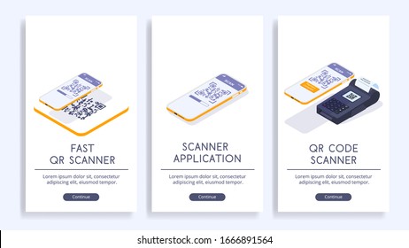 Scan qr codes and use barcode reader applications. Vector posters with isometric illustrations. Web site concept.
