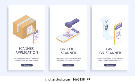 Scan qr codes and use barcode reader applications. Vector posters with isometric illustrations. Web site concept.