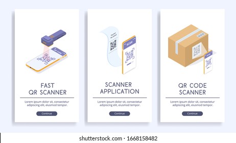 Analizar códigos qr y utilizar aplicaciones de lector de códigos de barras. Carteles vectoriales con ilustraciones isométricas. Concepto de sitio Web.