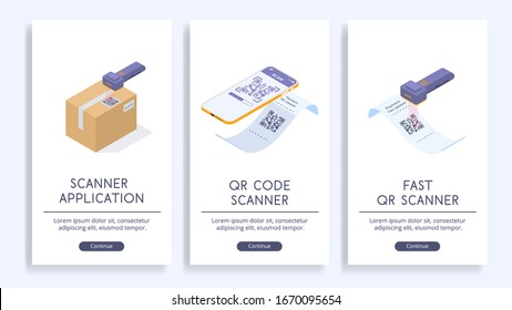 Scan qr codes and use barcode reader applications. Vector posters with isometric illustrations. Web site concept.