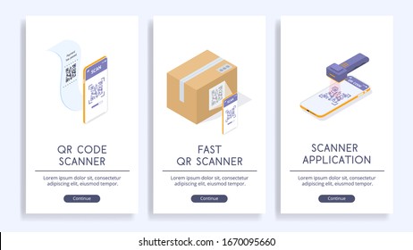 Scan qr codes and use barcode reader applications. Vector posters with isometric illustrations. Web site concept.