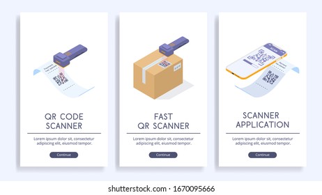 Scan qr codes and use barcode reader applications. Vector posters with isometric illustrations. Web site concept.