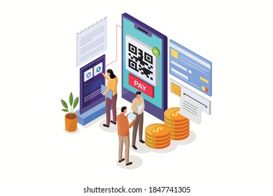 Scan QR Payment Concept. Online Payment Mobile App, Mobile Banking, Internet Banking. Electronic digital payment with smartphone. Vector Isometric Illustration.