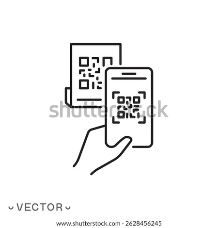 scan QR with smartphone icon, barcode scanner concept, phone app, scan QR, thin line symbol isolated on white background, editable stroke eps 10 vector illustration