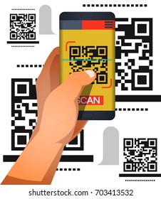 Scan QR-code to Mobile Phone. Electronic , digital technology, barcode. Vector illustration.