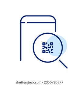 Scan Qr-code on smartphone with magnifying glass. Pixel perfect icon