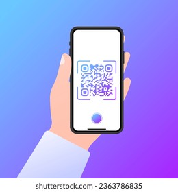 Scan qr-code sign. Flat, color, phone screen, phone in hand, qr code on the screen, scan the qr code, scan me sign. Vector icon