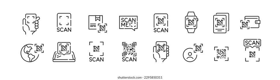 Scan qr-code with your smartphone. Quick contact payment using your camera. Pixel perfect, editable stroke line icons set