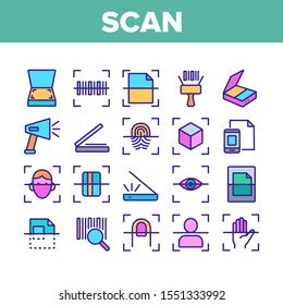 Scan Reading Collection Elements Icons Set Vector Thin Line. Finger And Hand Scan App, Face And Document Scanning Technology Concept Linear Pictograms. Color Contour Illustrations