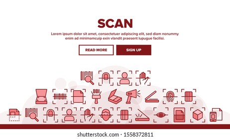 Scan Reading Landing Web Page Header Banner Template Vector. Finger And Hand Scan App, Face And Document Scanning Technology Illustration