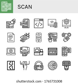 scan simple icons set. Contains such icons as Qr code, Coding, Mri, Code, Eye scan, Fingerprint, Multifunction printer, Scanner, Barcode, can be used for web, mobile and logo