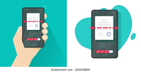 Escanear a través del teléfono celular móvil o smartphone reconocer el icono del documento de texto vectorial, ocr tecnología de aplicación de telefonía móvil ilustración de caricatura plana 3d, persona hombre escanear archivo doc gráfico aislado