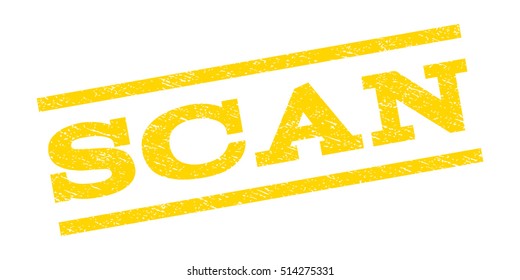 Scan watermark stamp. Text tag between parallel lines with grunge design style. Rubber seal stamp with unclean texture. Vector yellow color ink imprint on a white background.