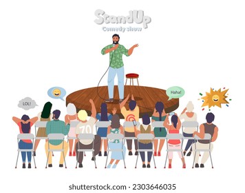 Scand up comedy show vector illustration. Male comic character with microphone performing on theatre stage front of audience telling funny stories and jokes