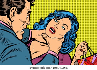 Scandal and domestic violence, a woman came with purchases from the sale. Pop art retro vector illustration kitsch drawing