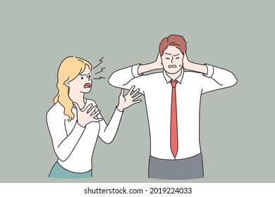 Scandal, fighting, problems in communication concept. Angry furious woman cartoon character standing shouting at man covering ears with hands vector illustration 