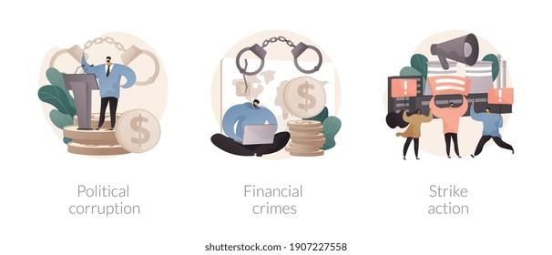 Scandal news abstract concept vector illustration set. Political corruption, financial crimes, strike action, labor union stop working, bribery and tax offense, investment scam abstract metaphor.